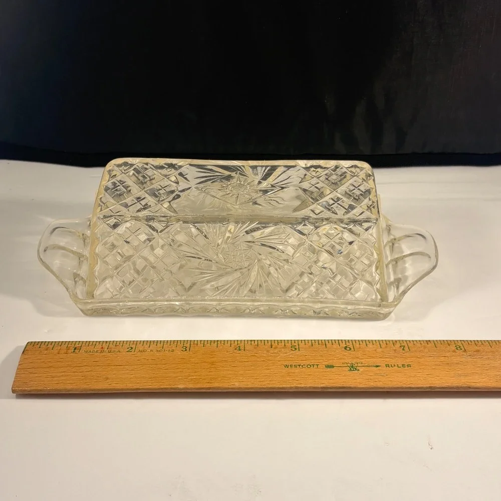 Clear Molded Plastic Faux Cut Crystal Covered Butter Dish – Starburst Diamond